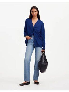 Madewell 100% Merino Wool Boyfriend Cardigan Sweater Blue Size L Relaxed Fit EUC